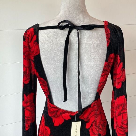 Thirty/Thirty Velvet Sheath Dress L Black Red Rose Romantic Coquette Whimsigoth - Picture 5 of 12